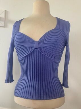 Essendi Ribbed Silk Knit Bow-Front Long Sleeve Top - Periwinkle